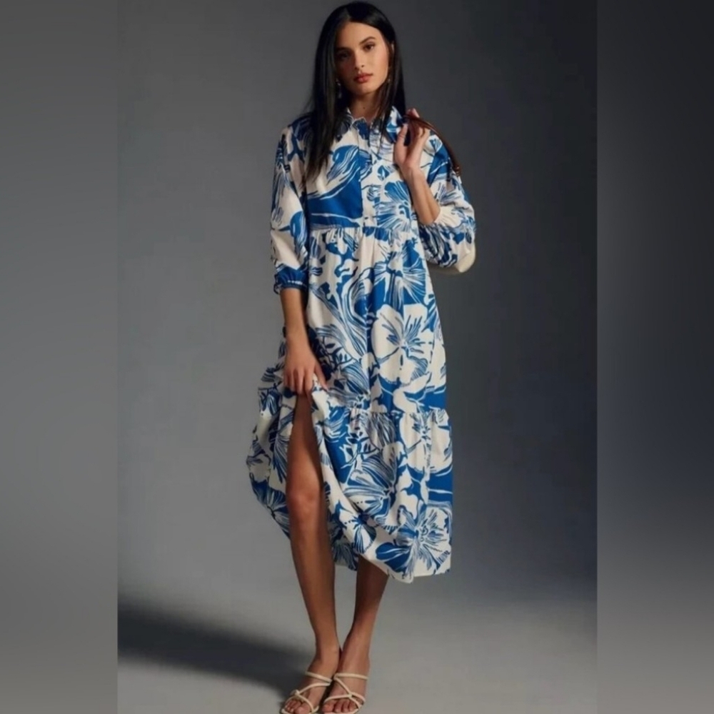 Anthropologie Maeve Blue and White The Bettina Patterned Dress